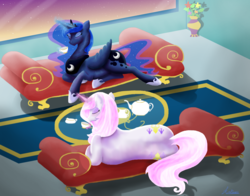 Size: 2800x2200 | Tagged: safe, artist:kalimoo-art, fleur-de-lis, princess luna, g4, commission, eyes closed, food, glowing horn, high res, horn, lounging, magic, signature, tea, telekinesis