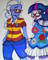 Size: 2170x2712 | Tagged: safe, artist:missmayaleanne, sci-twi, sugarcoat, twilight sparkle, equestria girls, g4, blushing, clothes, female, glasses, high res, holding hands, lesbian, shipping, signature, simple background, sugartwi, tongue out, traditional art, white background