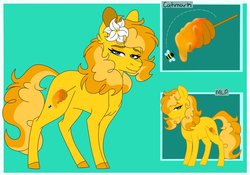 Size: 1024x715 | Tagged: safe, artist:colourstrike, oc, oc only, oc:golden honey, earth pony, pony, female, flower, flower in hair, green background, lidded eyes, mare, offspring, parent:cheese sandwich, parent:pinkie pie, parents:cheesepie, reference sheet, simple background, solo