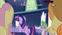 Size: 1920x1080 | Tagged: safe, screencap, applejack, fluttershy, spike, twilight sparkle, alicorn, dragon, pony, a matter of principals, g4, boomerang (tv channel), butt, hooves on the table, looking back, out of context, plot, twibutt, twilight sparkle (alicorn), winged spike, wings