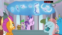 Size: 1920x1080 | Tagged: safe, screencap, gallus, ocellus, smolder, spike, starlight glimmer, yona, a matter of principals, g4, amulet, amulet of aurora, boomerang (tv channel), clover the clever's cloak, crown, crown of grover, helm of yickslur, helmet, jewelry, knuckerbocker's shell, regalia, talisman of mirage