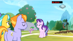 Size: 964x544 | Tagged: safe, screencap, auburn vision, citrine spark, spike, starlight glimmer, earth pony, pony, unicorn, a matter of principals, g4, butt, covering eyes, female, friendship student, male, mare, plot, stadium, stallion, trench
