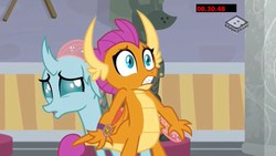 Size: 1920x1080 | Tagged: safe, screencap, ocellus, smolder, changedling, changeling, dragon, a matter of principals, g4, boomerang (tv channel), claws, dragon wings, dragoness, fangs, female, gritted teeth, horns, wings
