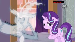 Size: 1920x1080 | Tagged: safe, screencap, discord, starlight glimmer, draconequus, ghost, pony, unicorn, a matter of principals, g4, boomerang (tv channel), duo, female, male, mare, teasing