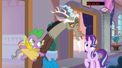 Size: 1920x1080 | Tagged: safe, screencap, discord, spike, starlight glimmer, dragon, a matter of principals, g4, boomerang (tv channel), winged spike, wings