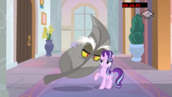 Size: 1920x1080 | Tagged: safe, screencap, discord, starlight glimmer, pony, unicorn, a matter of principals, g4, my little pony: friendship is magic, boomerang (tv channel), duo, eyebrows, female, leaf, male, mare, pun, raised hoof, visual pun