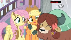 Size: 1920x1080 | Tagged: safe, screencap, applejack, fluttershy, yona, earth pony, pegasus, pony, yak, a matter of principals, g4, boomerang (tv channel), bow, cloven hooves, cowboy hat, female, hair bow, hat, mare, monkey swings, mud, trio