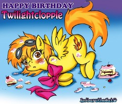 Size: 800x686 | Tagged: safe, artist:anibaruthecat, spitfire, pegasus, pony, g4, cake, cute, female, food, gift wrapped, goggles, solo