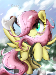 Size: 1500x2000 | Tagged: safe, artist:fluorbaryt, fluttershy, pegasus, pony, friendship is witchcraft, g4, axe, female, filly, filly fluttershy, hair over one eye, looking away, mare, rope, solo, spread wings, turned head, weapon, wings, younger