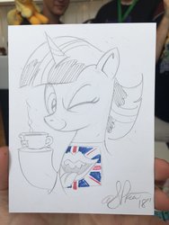 Size: 1536x2048 | Tagged: safe, artist:andy price, twilight sparkle, pony, g4, british, female, food, hoof hold, mare, one eye closed, rolling stones, solo, tea, traditional art, wink