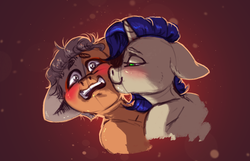 Size: 3120x2006 | Tagged: safe, artist:amishy, oc, oc only, oc:bloody sword, oc:shinso, pony, unicorn, blushing, digital art, female, high res, kissing, lidded eyes, male, mare, open mouth, shipping, stallion, straight