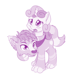 Size: 800x786 | Tagged: safe, artist:dstears, sweetie belle, pony, unicorn, wolf, g4, bandana, clothes, costume, cute, description in comments, diasweetes, ear fluff, female, filly, furry, fursuit, monochrome, neckerchief, offscreen character, purple, simple background, solo focus, white background