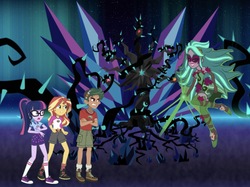 Size: 2031x1523 | Tagged: safe, artist:php77, editor:php77, gaea everfree, gloriosa daisy, sci-twi, sunset shimmer, timber spruce, tree of harmony, twilight sparkle, equestria girls, g4, my little pony equestria girls: legend of everfree, black vine, converse, shoes