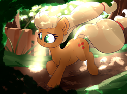 Size: 2300x1700 | Tagged: safe, artist:madacon, applejack, earth pony, pony, g4, atg 2018, female, fence, forest, mare, missing accessory, newbie artist training grounds, running, solo, sunlight, tree