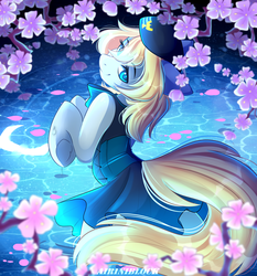 Size: 3513x3777 | Tagged: safe, artist:airiniblock, oc, oc only, oc:rafale, earth pony, pony, rcf community, clothes, digital art, female, flower, hat, high res, looking at you, mare, pond, signature, smiling, solo, ych result