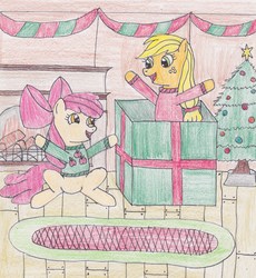 Size: 2341x2550 | Tagged: safe, artist:darkknighthoof, apple bloom, applejack, g4, christmas, christmas tree, female, filly, fireplace, high res, holiday, mare, present, sweat, traditional art, tree