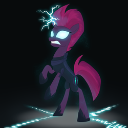 Size: 3000x3000 | Tagged: safe, artist:moonatik, tempest shadow, pony, unicorn, g4, armor, broken horn, clothes, electrocution, female, high res, hoof shoes, horn, lightning, shoes, solo