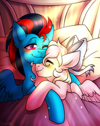 Size: 2000x2500 | Tagged: safe, artist:bigmoon206, oc, oc only, oc:andrew swiftwing, oc:bay breeze, pegasus, pony, bed, blanket, blushing, bow, couple, duo, duo male and female, eyes closed, female, hair bow, high res, male, mare, oc x oc, pillow, shipping, snuggling, stallion, straight, swiftbreeze, wings