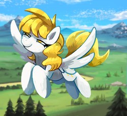 Size: 1280x1175 | Tagged: safe, artist:blitzdrachin, oc, oc only, oc:golden showers, pegasus, pony, colored, evil smile, female, flying, grin, mare, mountain, scenery, smiling, solo, wings