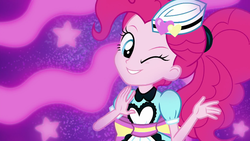 Size: 1920x1080 | Tagged: safe, screencap, pinkie pie, coinky-dink world, equestria girls, g4, my little pony equestria girls: summertime shorts, clothes, happy, one eye closed, server pinkie pie, smiling, song, waitress, wink