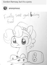 Size: 1331x1828 | Tagged: safe, artist:tjpones, oc, oc only, oc:brownie bun, earth pony, pony, ask, censored, censored vulgarity, dialogue, female, finally some good fucking food, food, gordon ramsay, herbivore, lineart, mare, monochrome, peanut, peanut butter, simple background, sketch, traditional art, tumblr