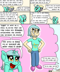 Size: 1000x1200 | Tagged: safe, artist:bjdazzle, derpy hooves, lyra heartstrings, human, pegasus, pony, unicorn, comic:accidental transit guardians, g4, angry, atg 2018, chibi, clothes, comic, curiosity, curious, cute, cutie mark on clothes, fantasy, female, happy, heart eyes, humanized, humie, implied bon bon, jeans, lyrabetes, mare, newbie artist training grounds, offscreen character, pants, shirt, shoes, that pony sure does love humans, unamused, wingding eyes