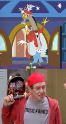 Size: 410x765 | Tagged: safe, edit, edited screencap, screencap, discord, draconequus, human, a matter of principals, g4, season 8, 30 rock, clothes, comparison, cropped, how do you do fellow kids, male, parody, reference, shirt, skateboard, steve buscemi