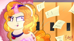 Size: 1024x576 | Tagged: safe, artist:lynchristina, adagio dazzle, pony, unicorn, equestria girls, g4, cover art, digital art, equestria girls ponified, evil smile, female, glowing horn, grin, horn, looking sideways, magic, mare, ponified, signature, smiling, solo, telekinesis