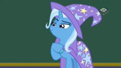 Size: 704x400 | Tagged: safe, screencap, trixie, pony, unicorn, a matter of principals, g4, animated, boomerang (tv channel), brooch, cape, classroom, clothes, female, hat, jewelry, phone call, solo, sound, trixie's brooch, trixie's cape, trixie's hat, webm