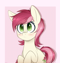 Size: 1028x1090 | Tagged: safe, artist:higglytownhero, roseluck, earth pony, pony, g4, abstract background, blushing, cute, eye clipping through hair, female, mare, rosabetes, solo