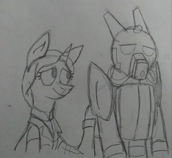 Size: 1809x1663 | Tagged: safe, artist:derpanater, oc, oc only, oc:cloud dancer, oc:daisy ropes, pony, unicorn, fallout equestria, armor, clothes, comforting, enclave, enclave armor, grand pegasus enclave, power armor, sad, traditional art