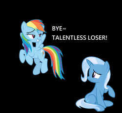 Size: 2060x1916 | Tagged: safe, rainbow dash, trixie, pegasus, pony, unicorn, g4, abuse, background pony strikes again, black background, bully, bullying, downvote bait, op is a duck, op is trying to start shit, op is wrong, rainbow douche, sad, simple background, trixiebuse