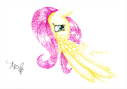 Size: 643x453 | Tagged: safe, artist:nutmeg04, fluttershy, pegasus, pony, g4, female, hair over one eye, mare, simple background, solo, stippling, white background