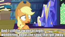 Size: 770x435 | Tagged: safe, edit, edited screencap, screencap, applejack, earth pony, pony, every little thing she does, g4, applejack's anecdotes, family guy, female, fiducia compellia, impact font, implied soup, male, meme, mind control, peter griffin, reference, solo, text, text edit