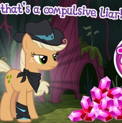 Size: 429x432 | Tagged: safe, gameloft, mean applejack, earth pony, pony, g4, the mean 6, bandana, captain obvious, clone, clothes, female, hat, liarjack, mare, meme, solo, torn clothes, wow! glimmer