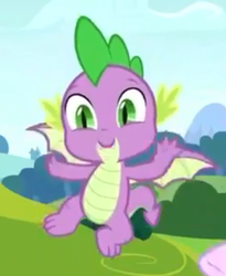 Size: 514x627 | Tagged: safe, screencap, spike, dragon, a matter of principals, g4, bush, claws, cropped, cute, eyebrows, fangs, flying, grass, green eyes, male, scales, sky, spikabetes, winged spike, wings