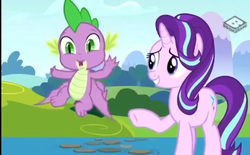 Size: 1161x720 | Tagged: safe, screencap, spike, starlight glimmer, dragon, pony, unicorn, a matter of principals, g4, boomerang (tv channel), smiling, winged spike, wings