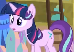 Size: 859x611 | Tagged: safe, screencap, starlight glimmer, pony, unicorn, a matter of principals, g4, blurry, cropped, female, ladder, mane, mare, needs more jpeg, solo, starlight sparkle, twilight wig, wig