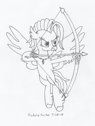 Size: 1024x1358 | Tagged: safe, artist:hickory17, oc, oc only, oc:swift arrow, classical hippogriff, hippogriff, arrow, bow (weapon), bow and arrow, female, hippogriff oc, jewelry, necklace, pearl, shooting, show accurate, simple background, solo, traditional art, weapon, white background