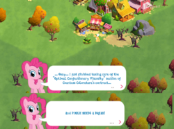 Size: 1024x760 | Tagged: safe, gameloft, perfect pie, pinkie pie, g4, the mane attraction, apple family member, caption, crying inside, dialogue, frustrated, sad, tired