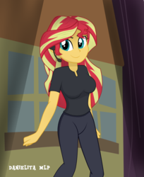 Size: 1024x1254 | Tagged: safe, artist:danielitamlp, sunset shimmer, equestria girls, g4, my little pony equestria girls: better together, opening night, opening night: sunset shimmer, breasts, busty sunset shimmer, clothes, cyoa, director shimmer, female, headset, looking at you, pants, smiling, solo, spotlight