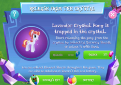 Size: 667x466 | Tagged: safe, gameloft, crystal pony, pony, g4, my little pony: magic princess, crystal empire, female, gem, lavender crystal pony, mare, tutorial