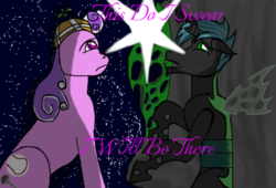 Size: 949x647 | Tagged: safe, artist:disneyfanatic2364, artist:kahnac, screwball, oc, oc:prince mothball, changeling, earth pony, pony, fanfic:daughter of discord, g4, backwards cutie mark, canon x oc, female, i will be there, love, male, romance, shipping, song reference, straight, the count of monte cristo