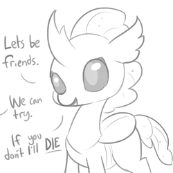 Size: 1650x1650 | Tagged: safe, artist:tjpones, ocellus, changedling, changeling, g4, blackmail, cute, cuteling, dark comedy, dialogue, diaocelles, female, lineart, monochrome, mood whiplash, simple background, sketch, smiling, solo, that escalated quickly, white background