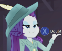 Size: 857x708 | Tagged: safe, artist:radicalweegee, edit, edited screencap, screencap, rarity, human, equestria girls, equestria girls series, g4, rarity investigates: the case of the bedazzled boot, cropped, detective rarity, doubt, hat, l.a. noire, press x to doubt, rarity investigates (eqg): pinkie pie