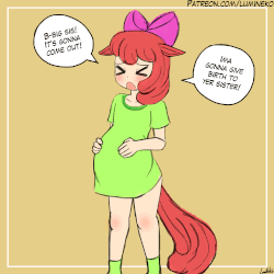 Size: 750x750 | Tagged: safe, artist:lumineko, apple bloom, human, g4, :3, :i, animated, apple, bait and switch, blushing, clothes, dress, dx, eared humanization, fake pregnant, female, floppy ears, food, humanized, implied brightbloom, implied incest, implied shipping, implied straight, labor, mommabloom, nichijou, not salmon, pregnant, shirt, solo, speech bubble, tailed humanization, wait for it, wat