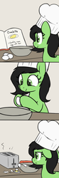 Size: 750x2250 | Tagged: safe, artist:skitter, oc, oc only, oc:filly anon, earth pony, pony, book, bowl, chef's hat, comic, cookbook, cooking, egg, fail, female, filly, floppy ears, hat, horse problems, omelette, smiling, solo, toaster