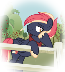 Size: 893x979 | Tagged: safe, artist:ipandacakes, oc, oc only, oc:carter blue, pegasus, pony, apple tree, fence, magical gay spawn, male, offspring, parent:big macintosh, parent:soarin', parents:soarmac, solo, stallion, straw in mouth, tree