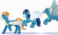 Size: 1500x900 | Tagged: safe, artist:guiltyp, fire streak, high winds, silver lining, silver zoom, pegasus, pony, g4, clothes, female, goggles, male, mare, simple background, stallion, uniform, white background, wonderbolts uniform
