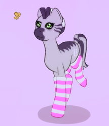 Size: 682x793 | Tagged: safe, oc, oc only, oc:zebra north, butterfly, pony, zebra, clothes, femboy, male, simple background, socks, solo, stallion, striped socks, trap, zebra oc